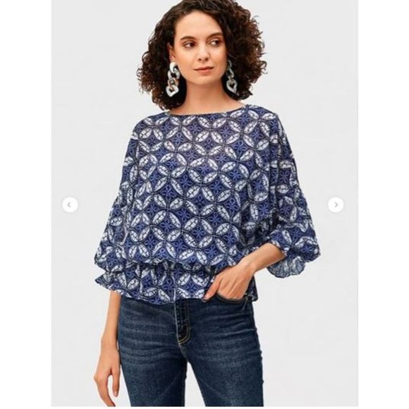 NWOT eShakti blue and white print sheer top - Picture 14 of 15